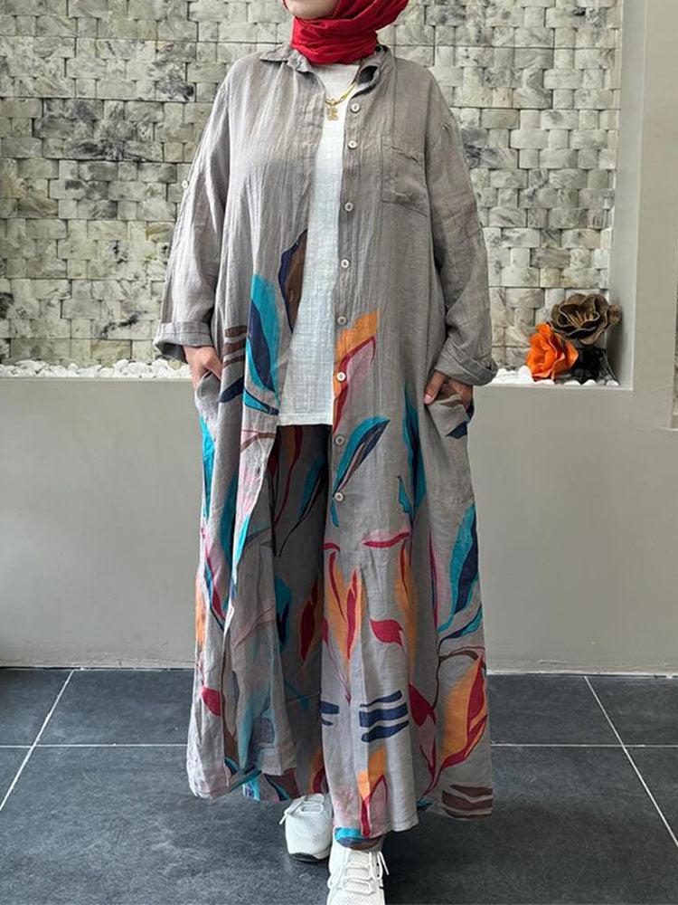 Casual Floral Printing Long Cardigan Wide-leg Trouser Suit