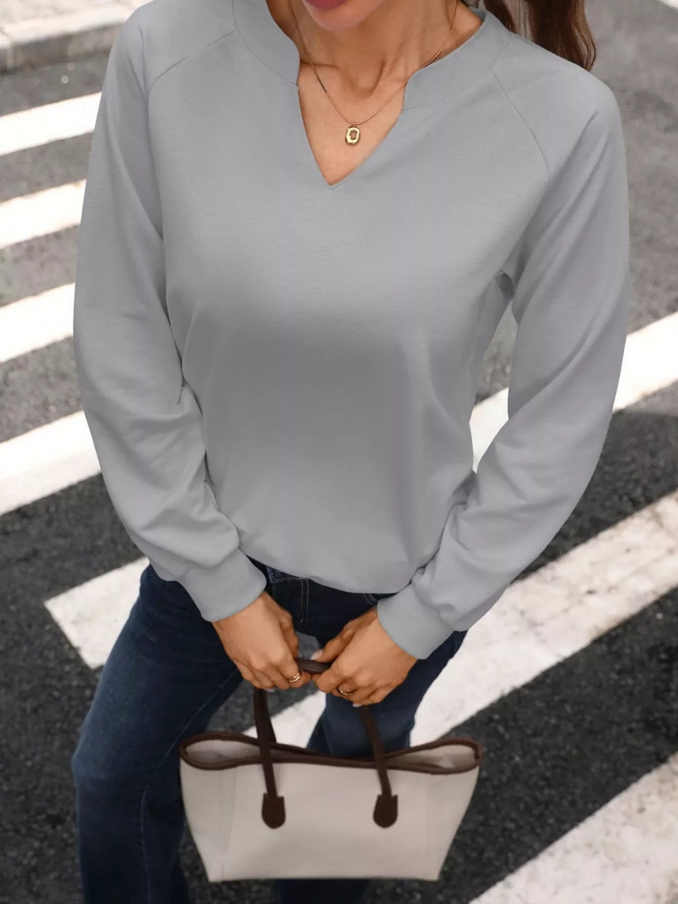 Notched Raglan Sleeve Sweatshirt