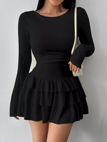 Elara's Ruched Long Sleeve Layered Ruffle Mini Dress