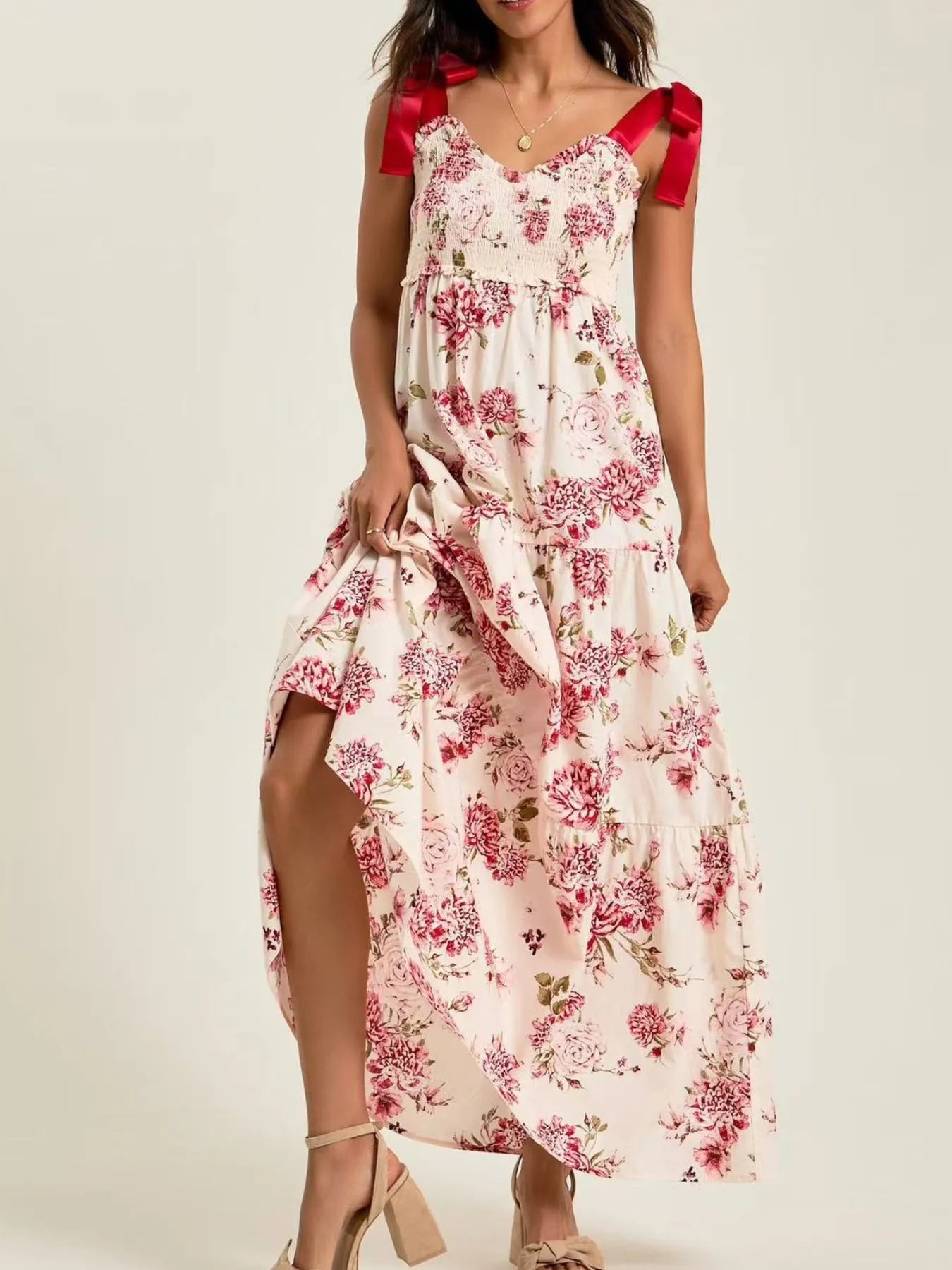 Smocked Tie Shoulder Printed Maxi Dress