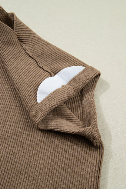 Light French Beige Solid Color Ribbed Knit Mock Neck Loose Sleeveless Sweater