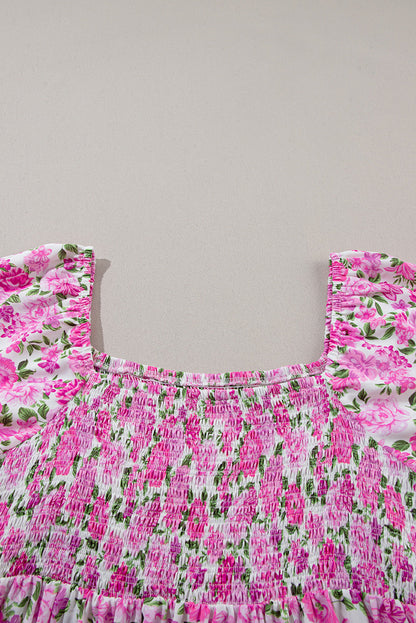 Blue Zone Planet | Pink Plus Size Floral Print Smocked Puff Sleeve Dress