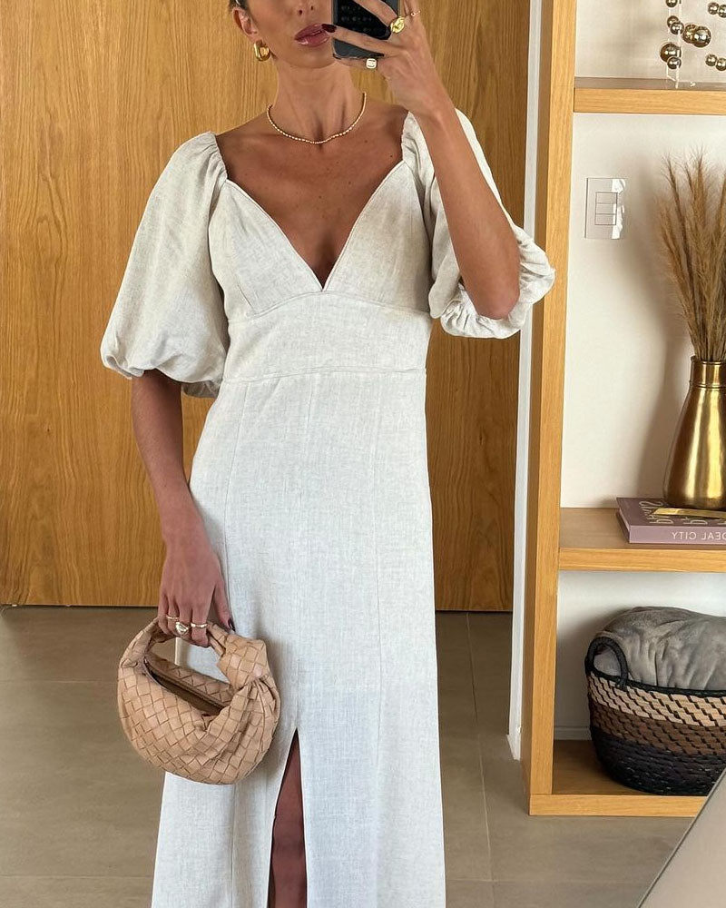 Elegant V-neck Short Sleeve Split Linen Dress