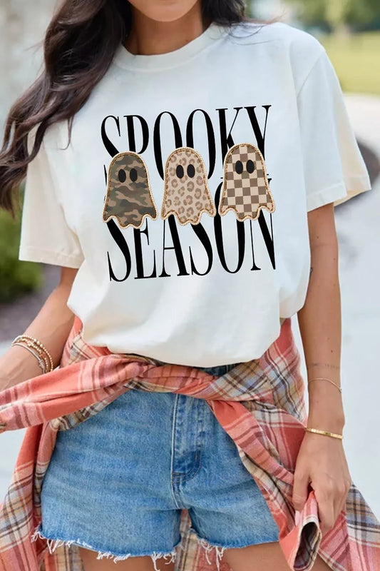 Full Size Spooky Season Ghosts Graphic Short Sleeve Halloween T Shirt Plus Size