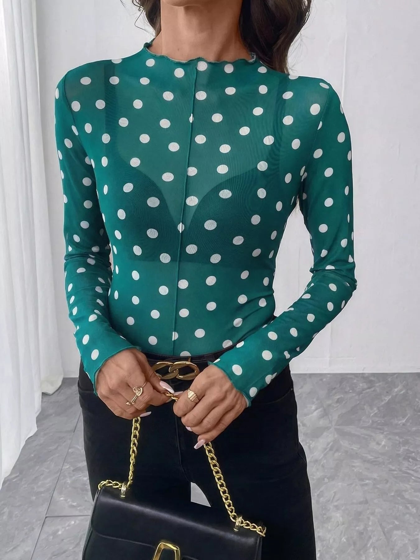 Sheer Polka Dot Long Sleeve Mock Neck Top