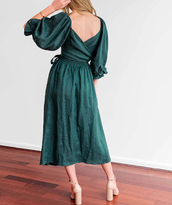 French Ruffled Lantern Sleeves Multi-wear Dress Green