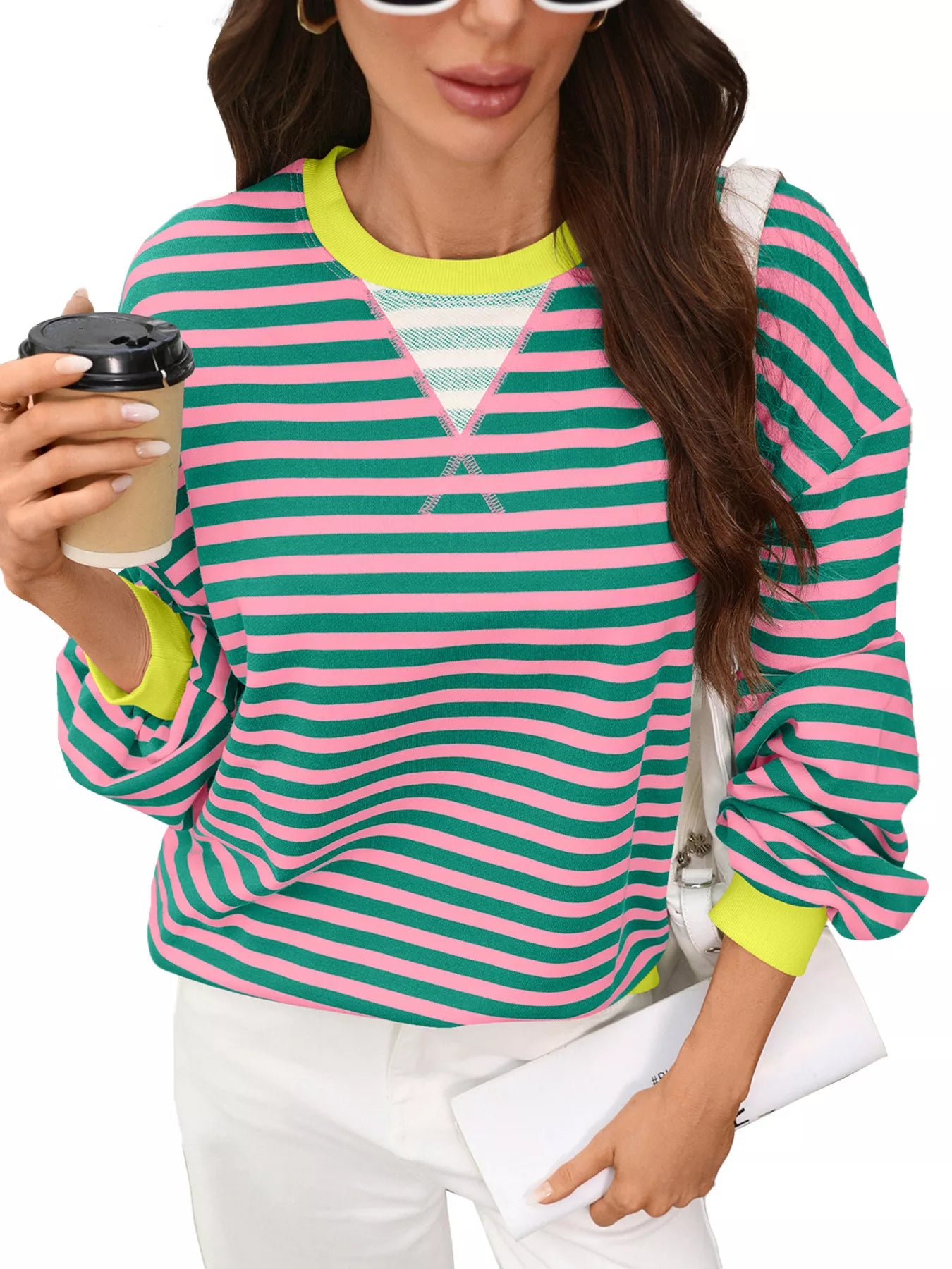 Contrast Trim Striped Crew Neck Sweatshirt