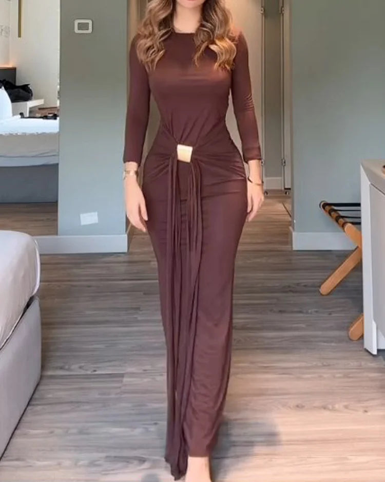 Solid Color Round Neck Long Sleeve Maxi Ruched Fitted Fishtail Dress