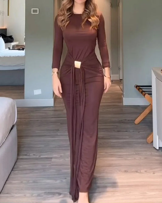 Solid Color Round Neck Long Sleeve Maxi Ruched Fitted Fishtail Dress