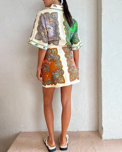 Trendy paneled printed mini shirt dress