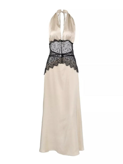 Halter Neck Lace Waist Maxi Dress