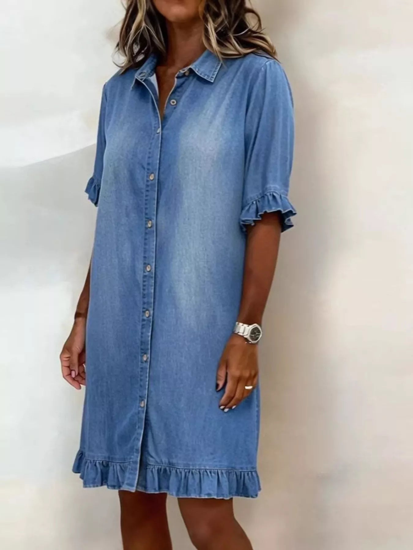 Full Size Ruffled Hem Denim Shirt Dress Plus Size