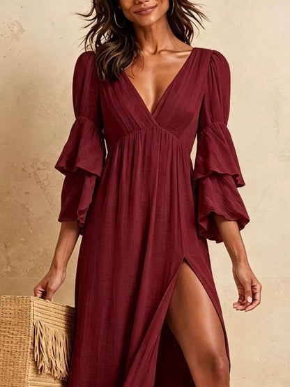 Tiered Ruffle Sleeves High Slit V-Neck Maxi Dress