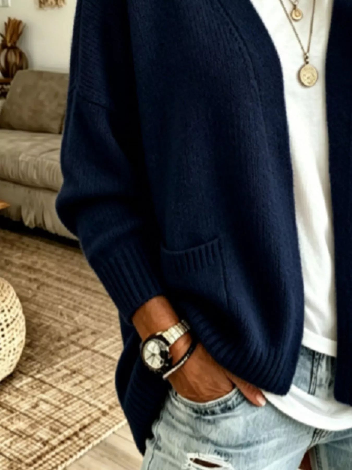 Open Front Knit Cardigan with Pockets
