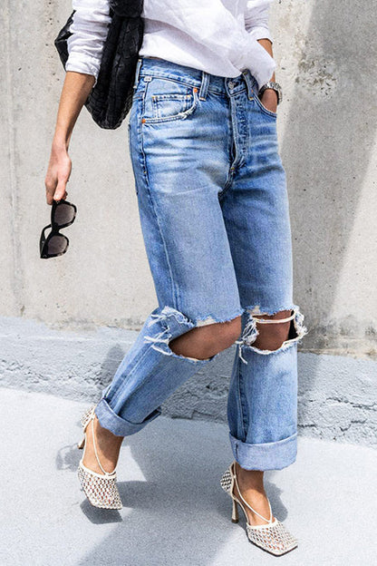 Rosiedress Straight Leg Ripped Boyfriend Jeans LightBlue