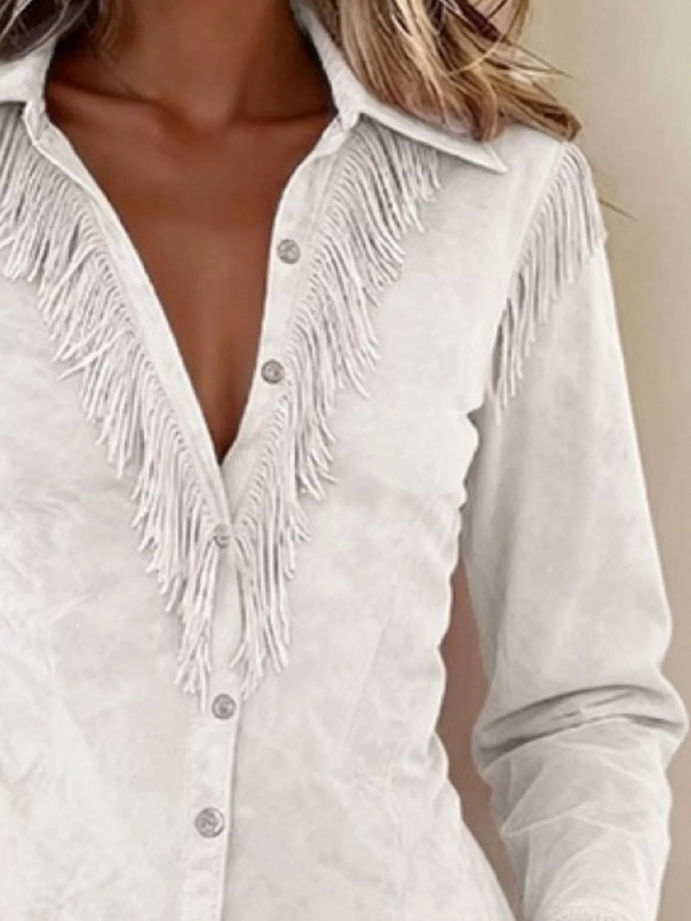 Fringed Button Up Long Sleeve Shirt