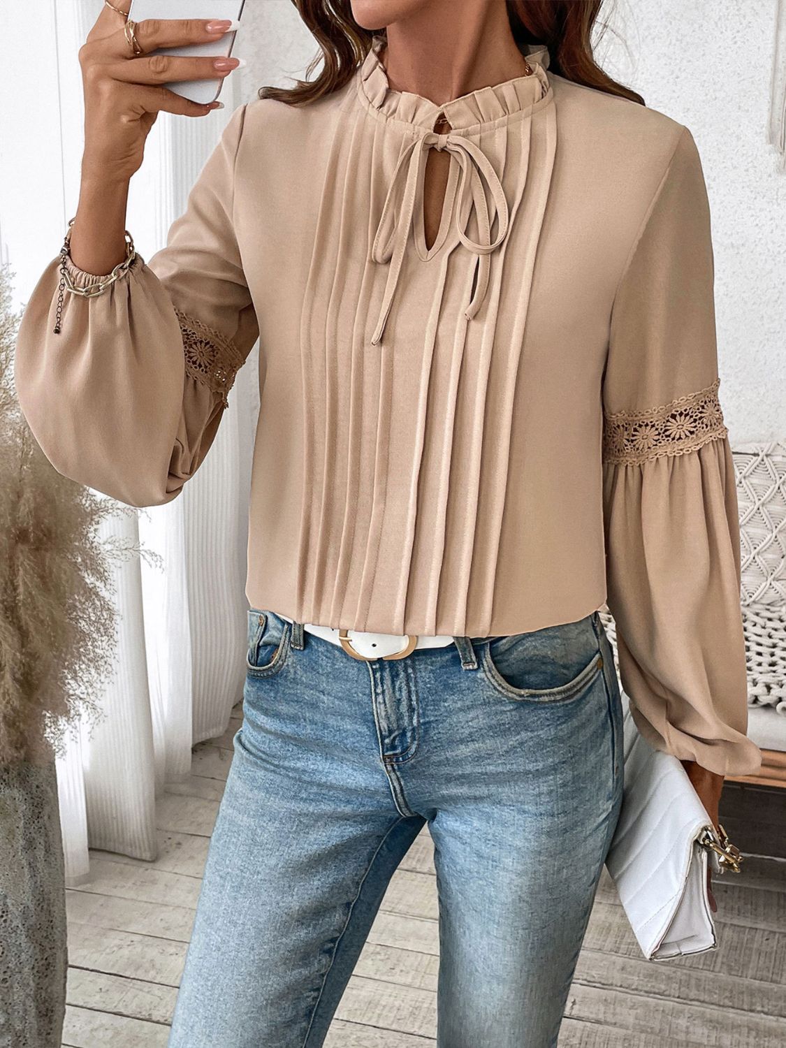Blue Zone Planet | Perfee Frill Tie Neck Long Sleeve Blouse
