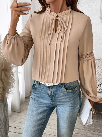 Blue Zone Planet | Perfee Frill Tie Neck Long Sleeve Blouse