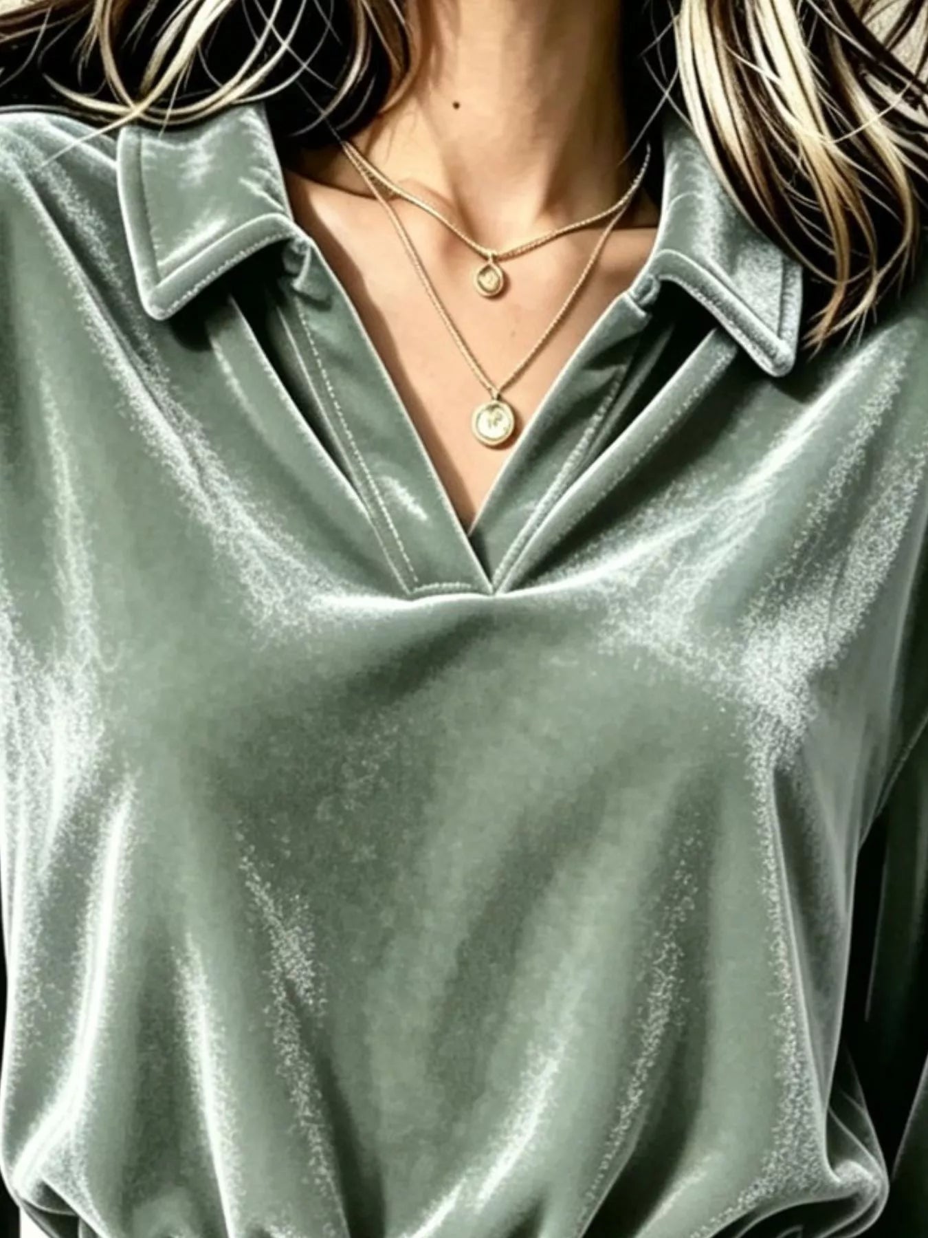 Velvet Johnny Collar Long Sleeve Blouse