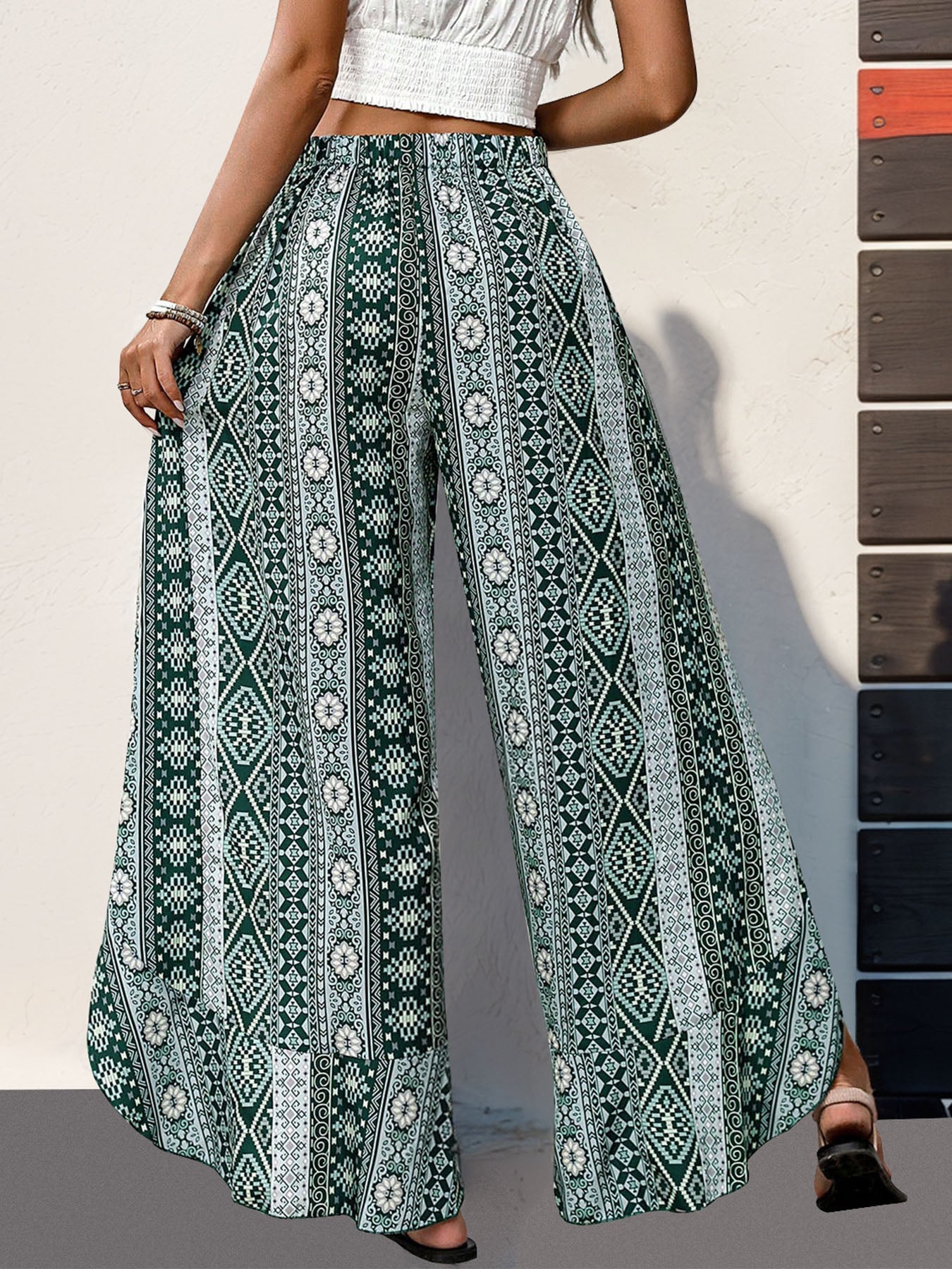 Blue Zone Planet | Slit Ruffled Geometric Wide Leg Pants