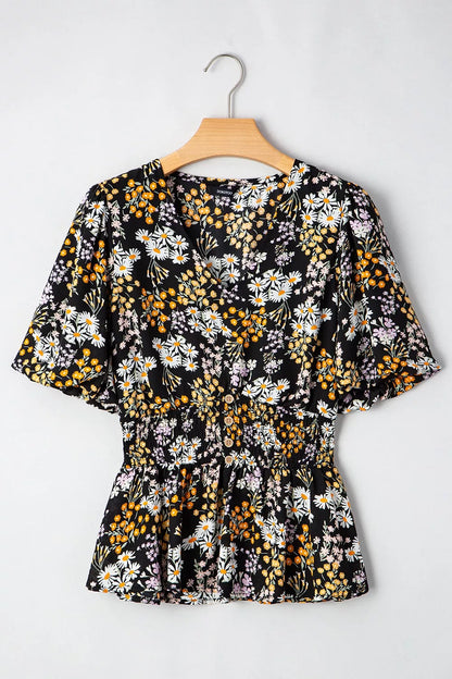 Floral Print V Neck Smocked Babydoll Blouse