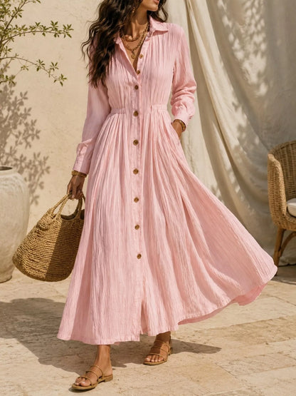 Full Size Textured Button Front Long Sleeve Maxi Dress Plus Size