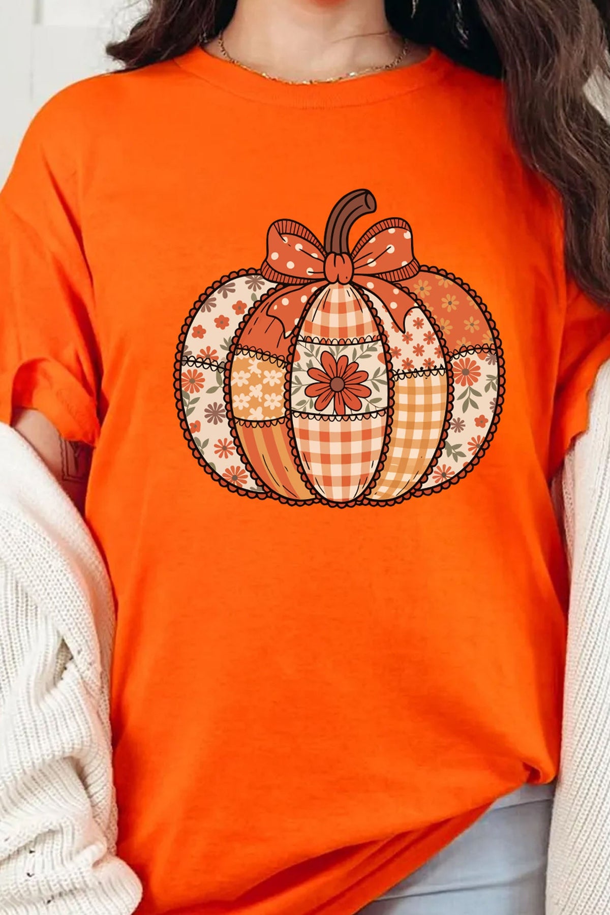 Orange Patchwork Pumpkin Graphic Print Crewneck T-Shirt