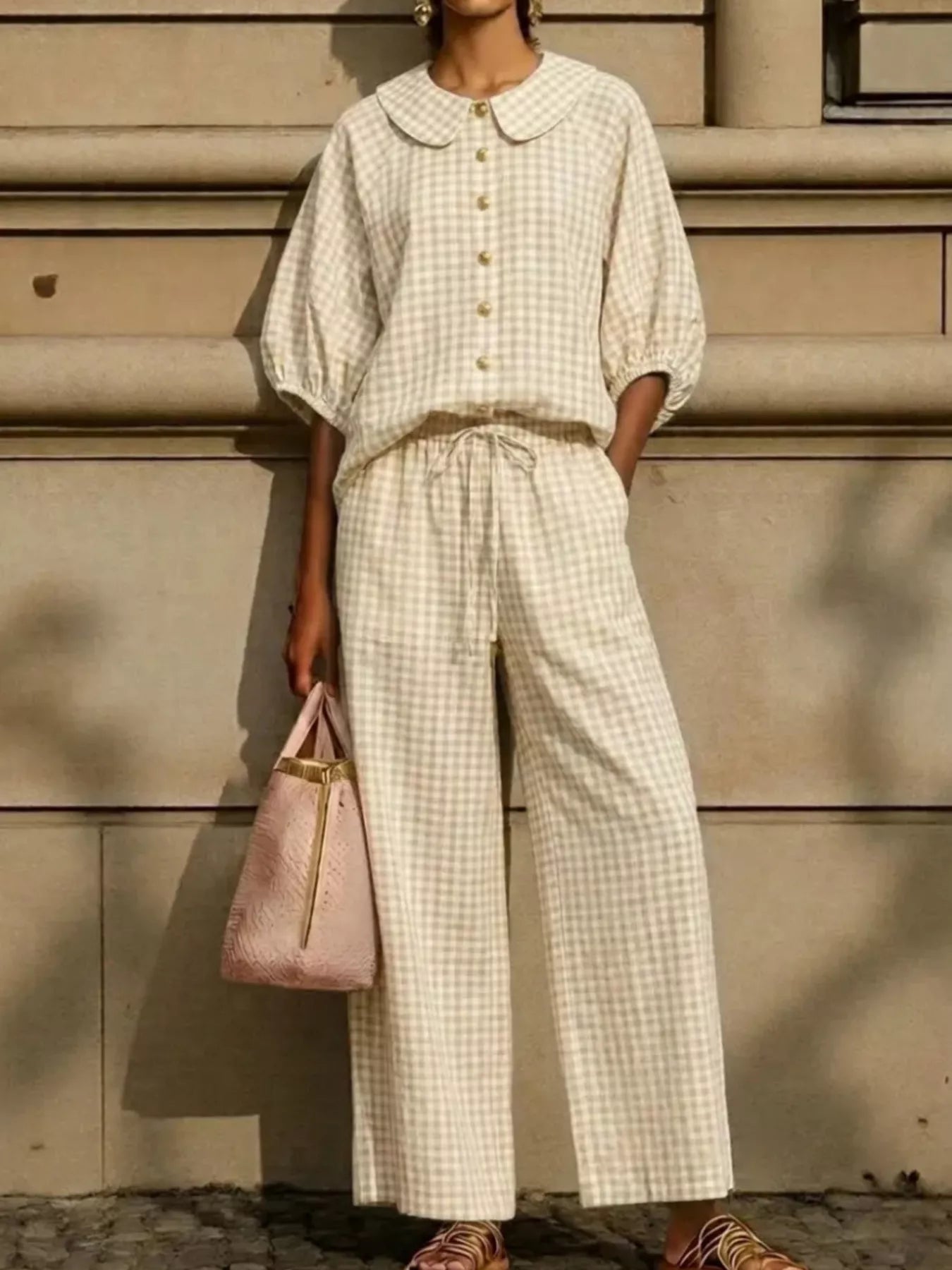 Full Size Plaid Button Up Shirt and Pants Set Plus Size