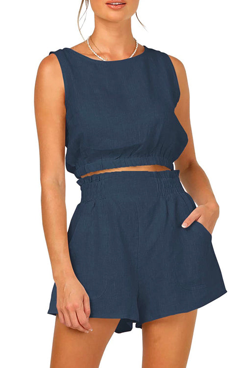 Solid Crop Tank Top Elastic Waist Wide Leg Shorts Set DarkBlue