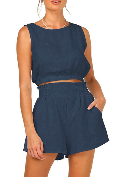 Solid Crop Tank Top Elastic Waist Wide Leg Shorts Set DarkBlue