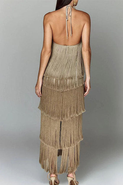 Rosiedress Chicest Halter Ruffle Layered Fringe Maxi Party Dress