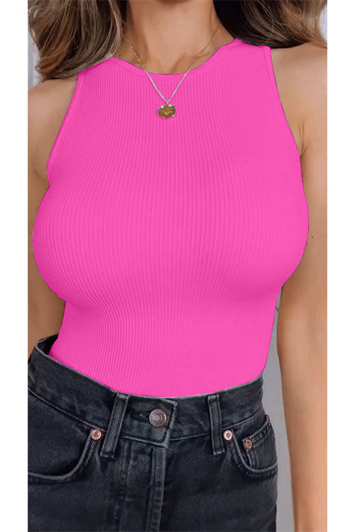 Sleeveless Stretchy Triangle Swim Inspired Bodysuit HotPink