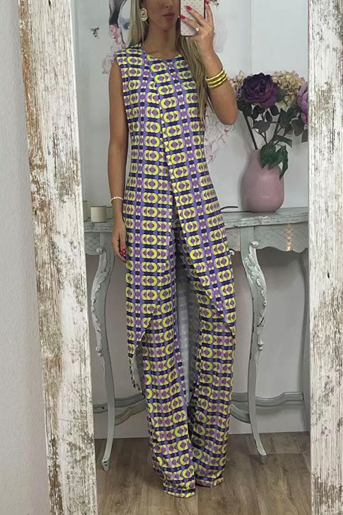 Printed High Slit Long Tank Top and Bell Bottoms Pants Set Purple