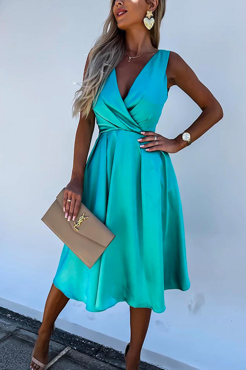 Sleeveless Cross V Neck Waisted Swing Party Dress Green