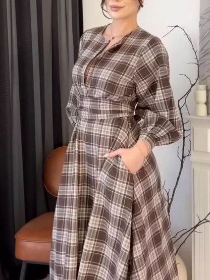Vintage Plaid Puff Sleeve Midi Dress