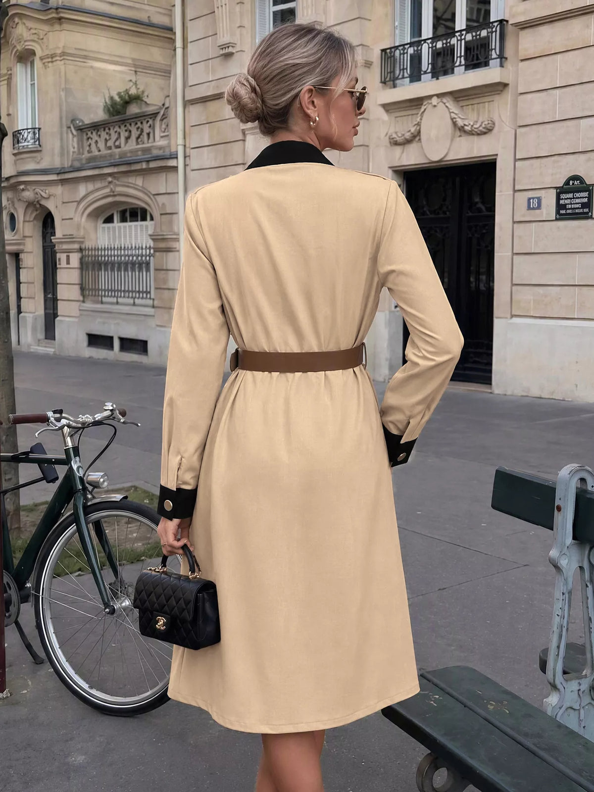 Contrast Lapel Button Front Midi Shirt Dress