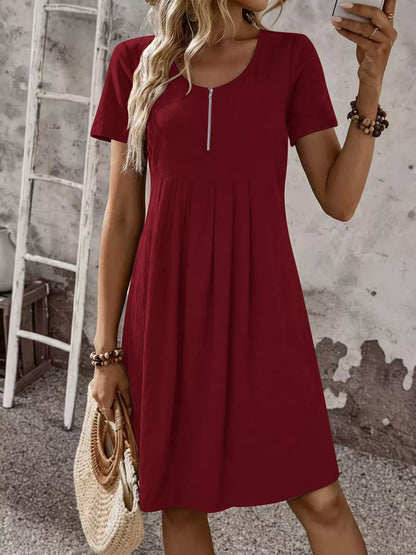 Zipper-Front Short Sleeve A-Line Dress