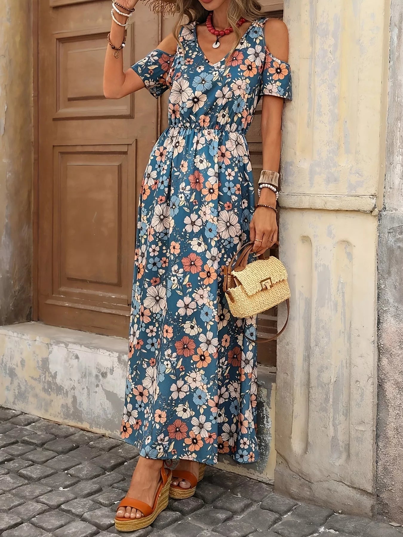 Cold Shoulder Floral Print Maxi Dress