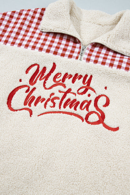 White Plush Plaid Patchwork Merry Christmas Baggy Sweatshirt