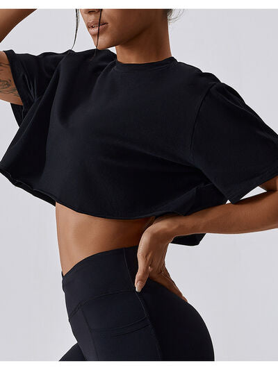 Blue Zone Planet | Cropped Round Neck Short Sleeve Active Top