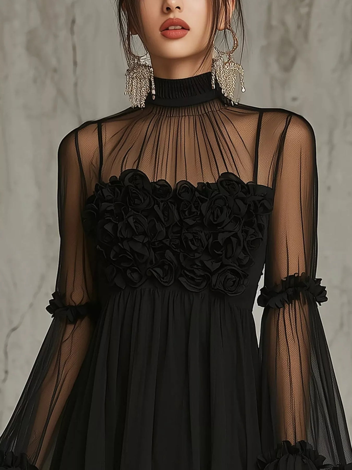 Sheer Mesh Rose Applique Mini Dress