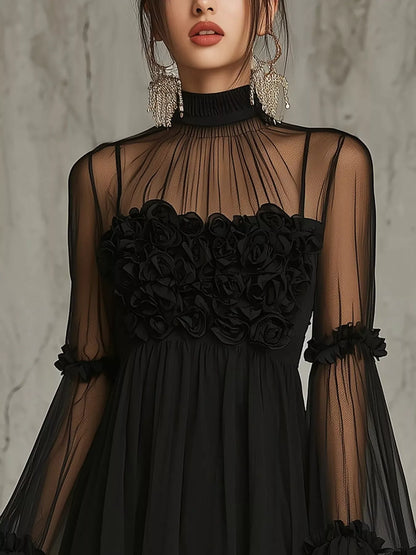 Sheer Mesh Rose Applique Mini Dress