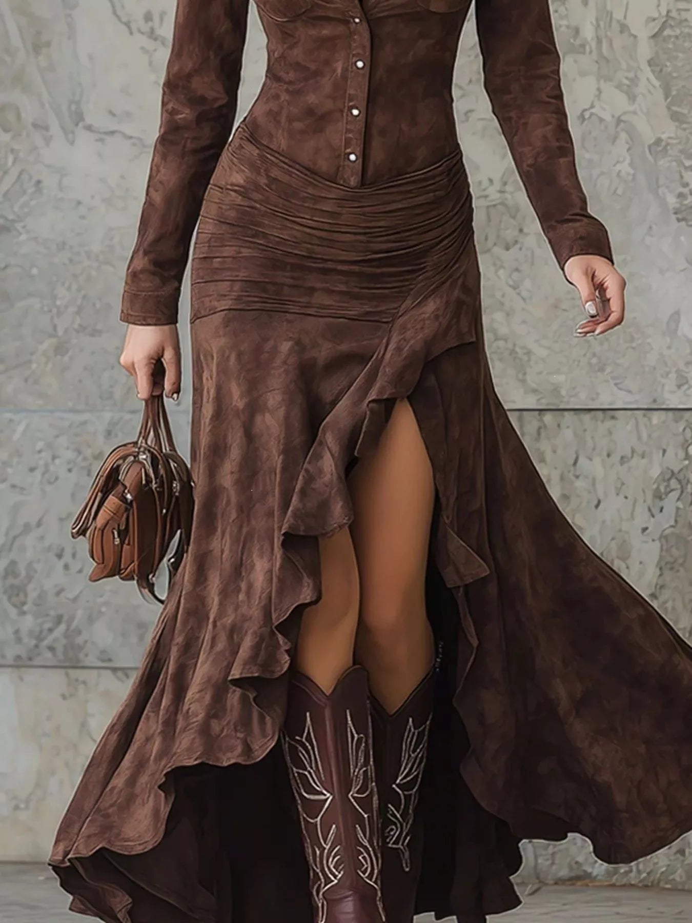 Full Size High-Low Long Sleeve Maxi Dress Plus Size