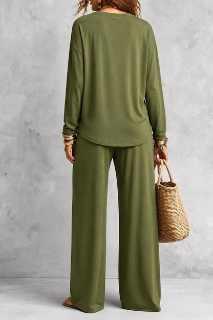Long Sleeve Top and Wide-Leg Pants Set