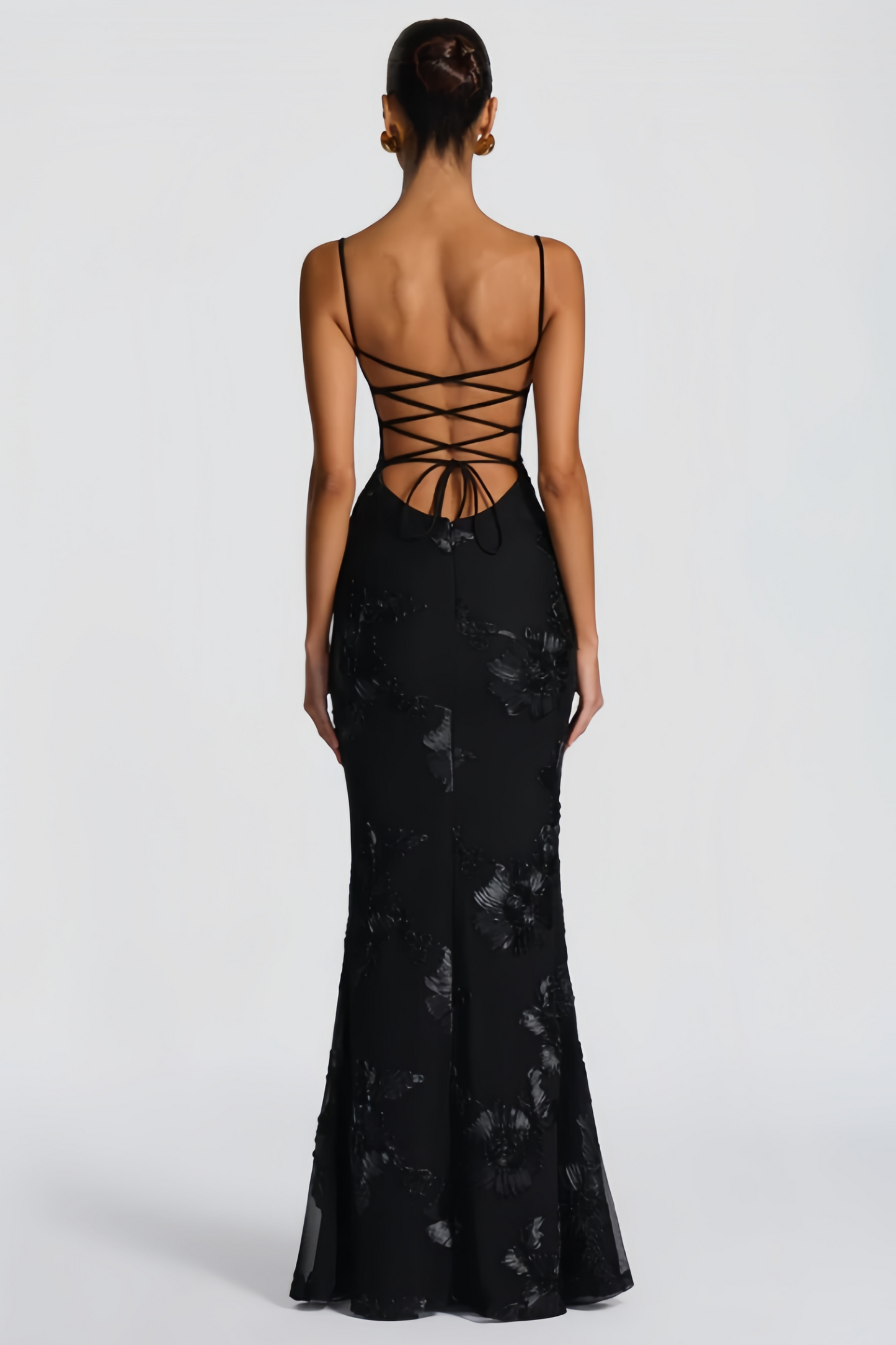 Théoline Black Floral Appliqué Corset Maxi Dress