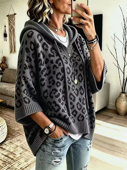 Women's Leopard Print Drawstring Hooded Sweater