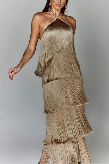 Rosiedress Chicest Halter Ruffle Layered Fringe Maxi Party Dress