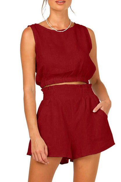 Solid Crop Tank Top Elastic Waist Wide Leg Shorts Set Burgundy