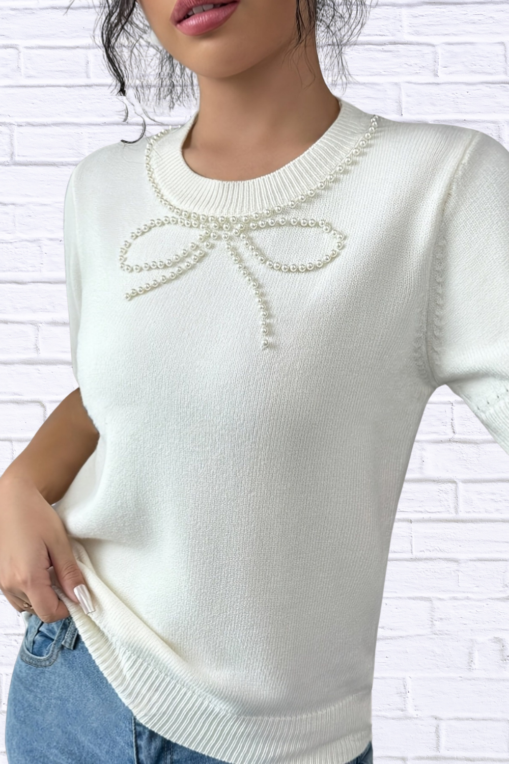 Pearl Bow Embellished Round Neck Sweater