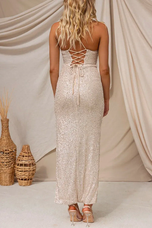 Side Slit Back Lace-up Sequin Maxi Cami Dress